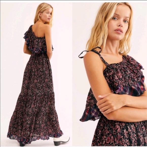 Free People What About Love Floral Plaid Ruffle One Shoulder Maxi Dress - Picture 14 of 14